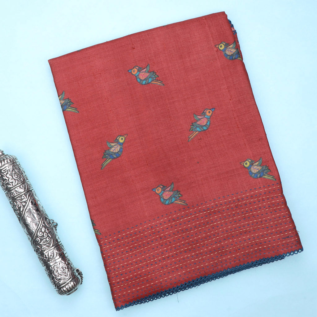Brick Red Tussar Saree With Printed Bird Motifs