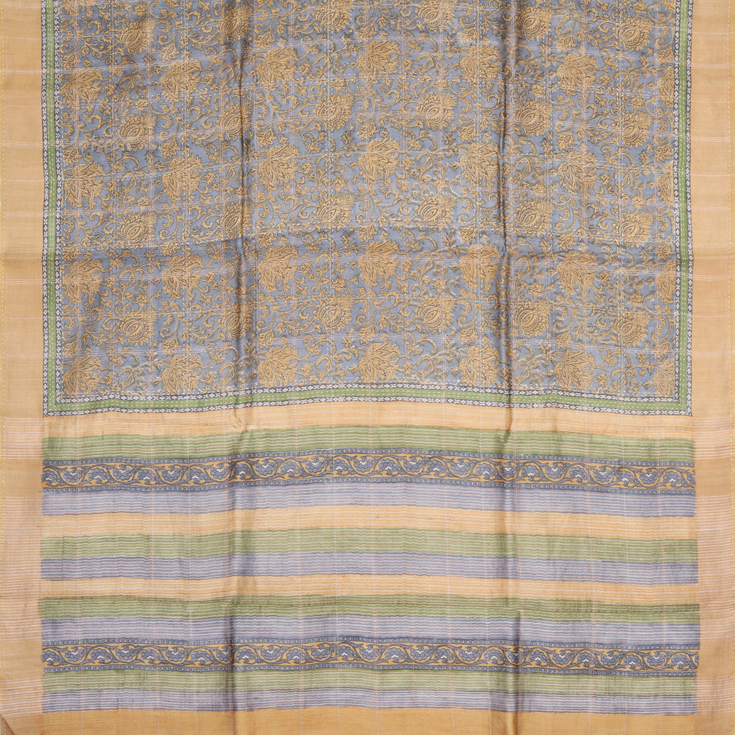 Pale Blue Tussar Saree With Floral Printed Pattern
