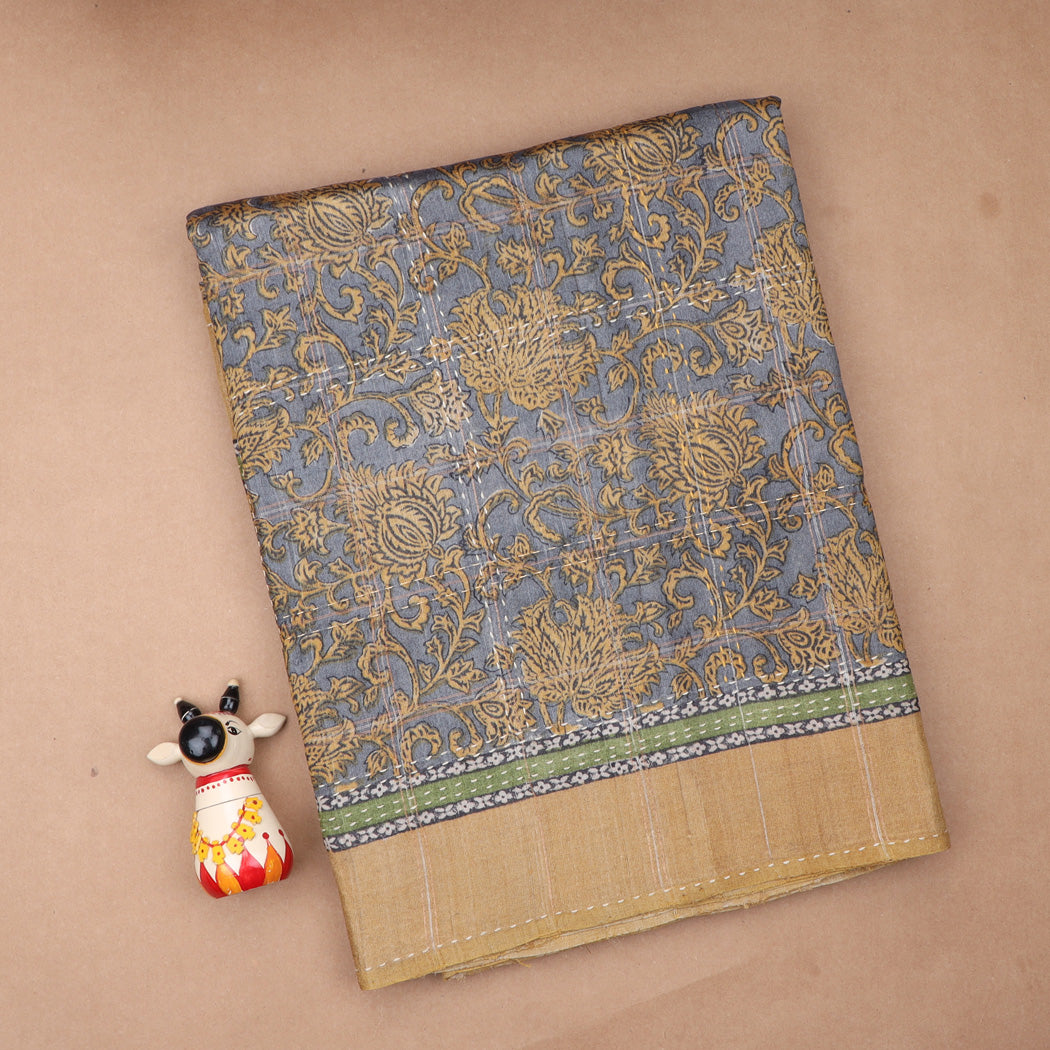 Pale Blue Tussar Saree With Floral Printed Pattern