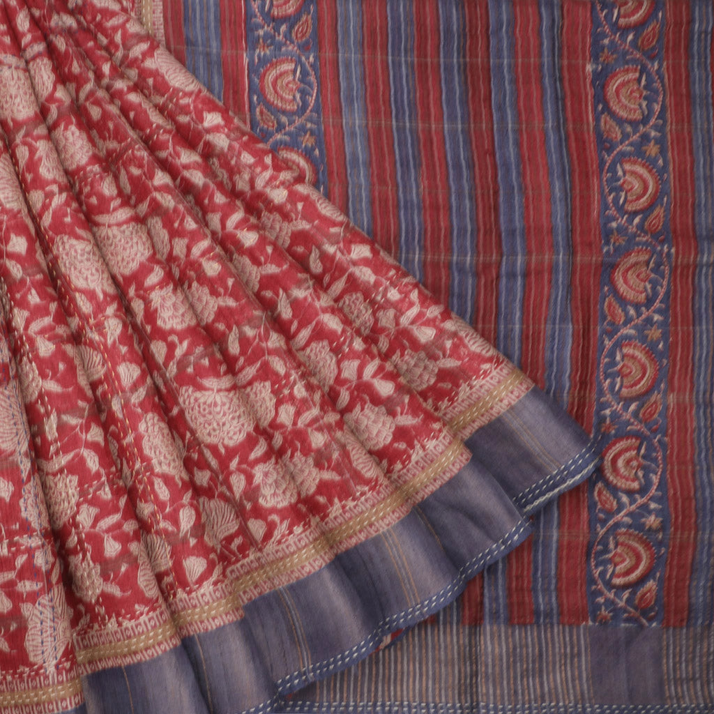 Earthy Red Printed Tussar Saree With Embroidery