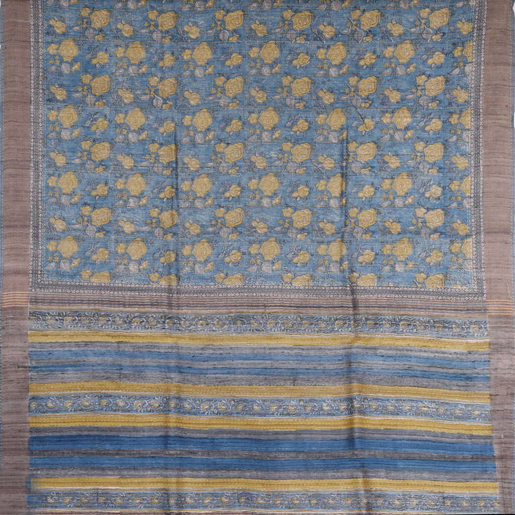 Earthy Blue Printed Tussar Saree With Embroidery