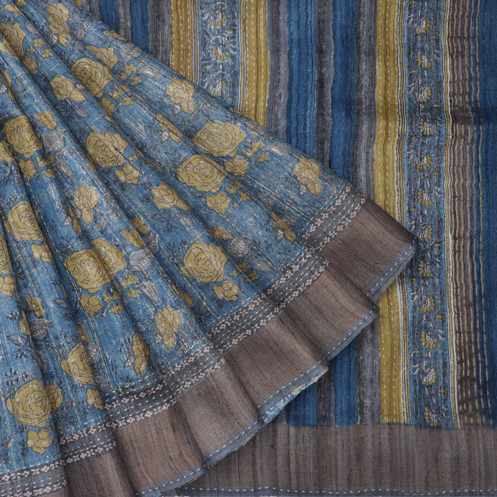 Earthy Blue Printed Tussar Saree With Embroidery