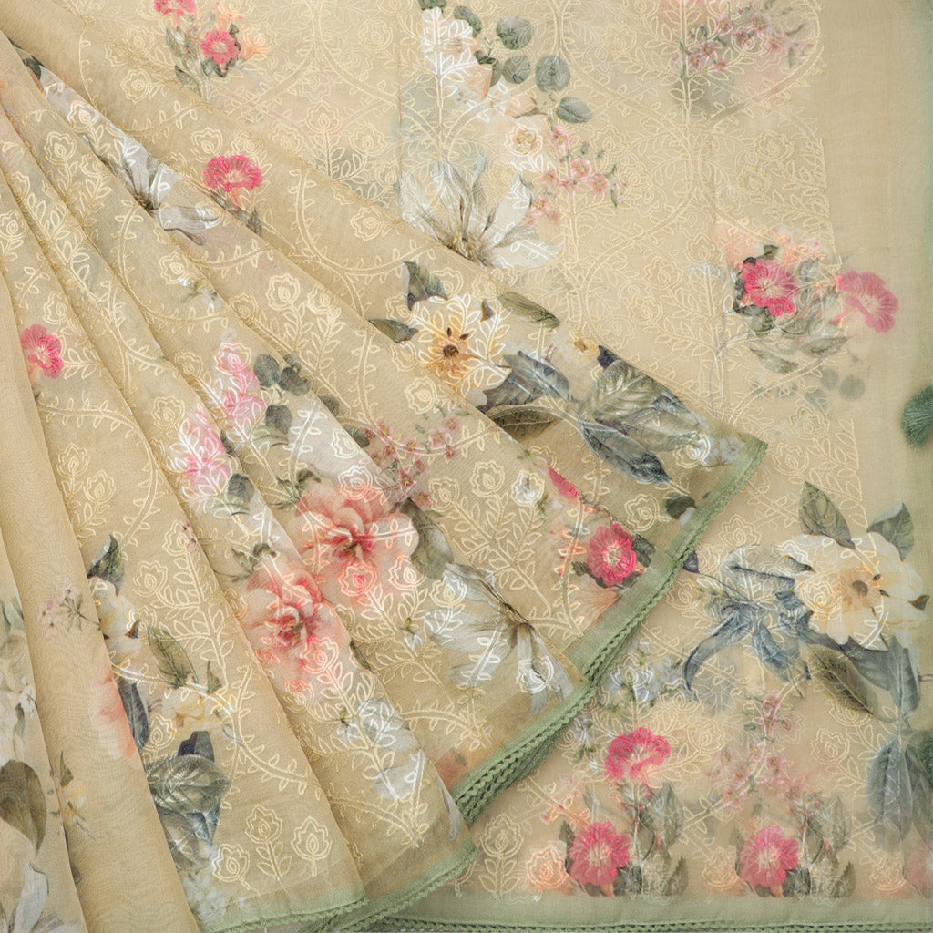 Pastel Yellow Printed Organza Saree With Floral Embroidery