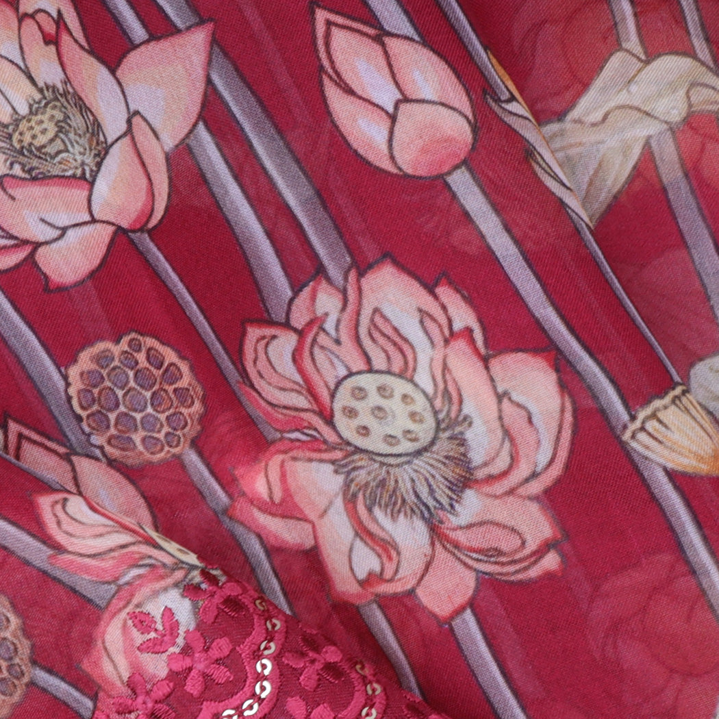 Rani Pink Organza Saree With Floral Printed Pattern