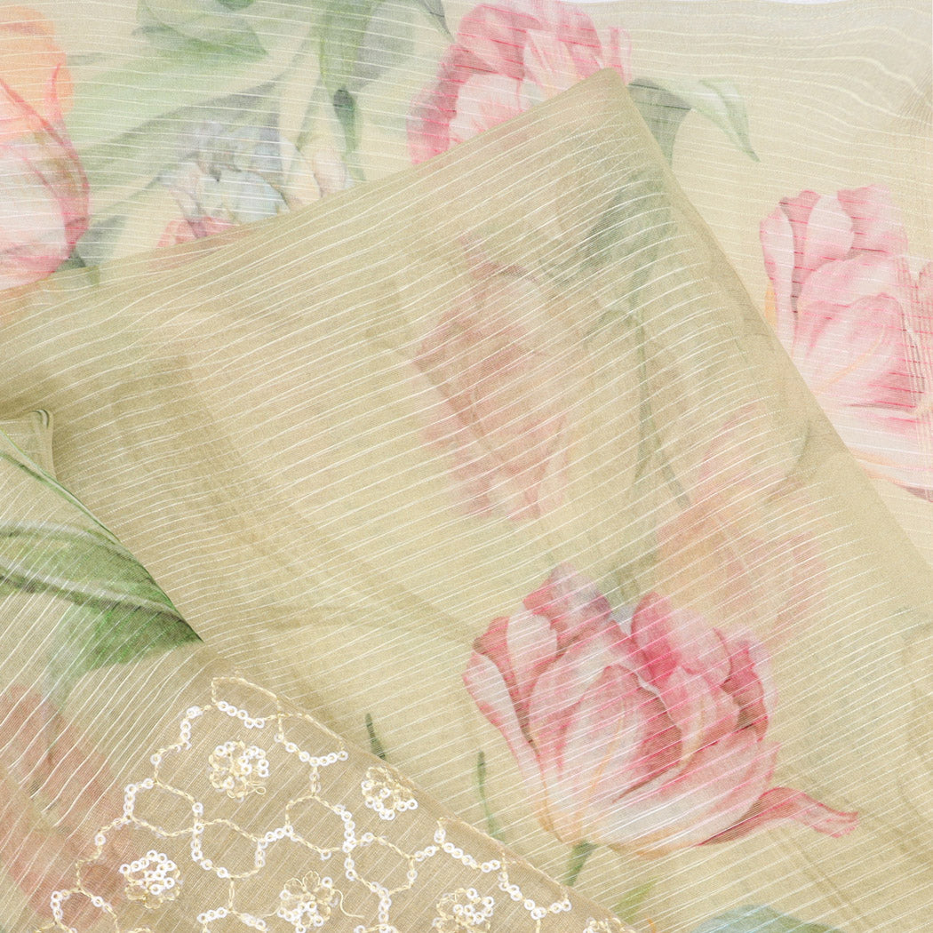 Cream Organza Saree With Floral Print