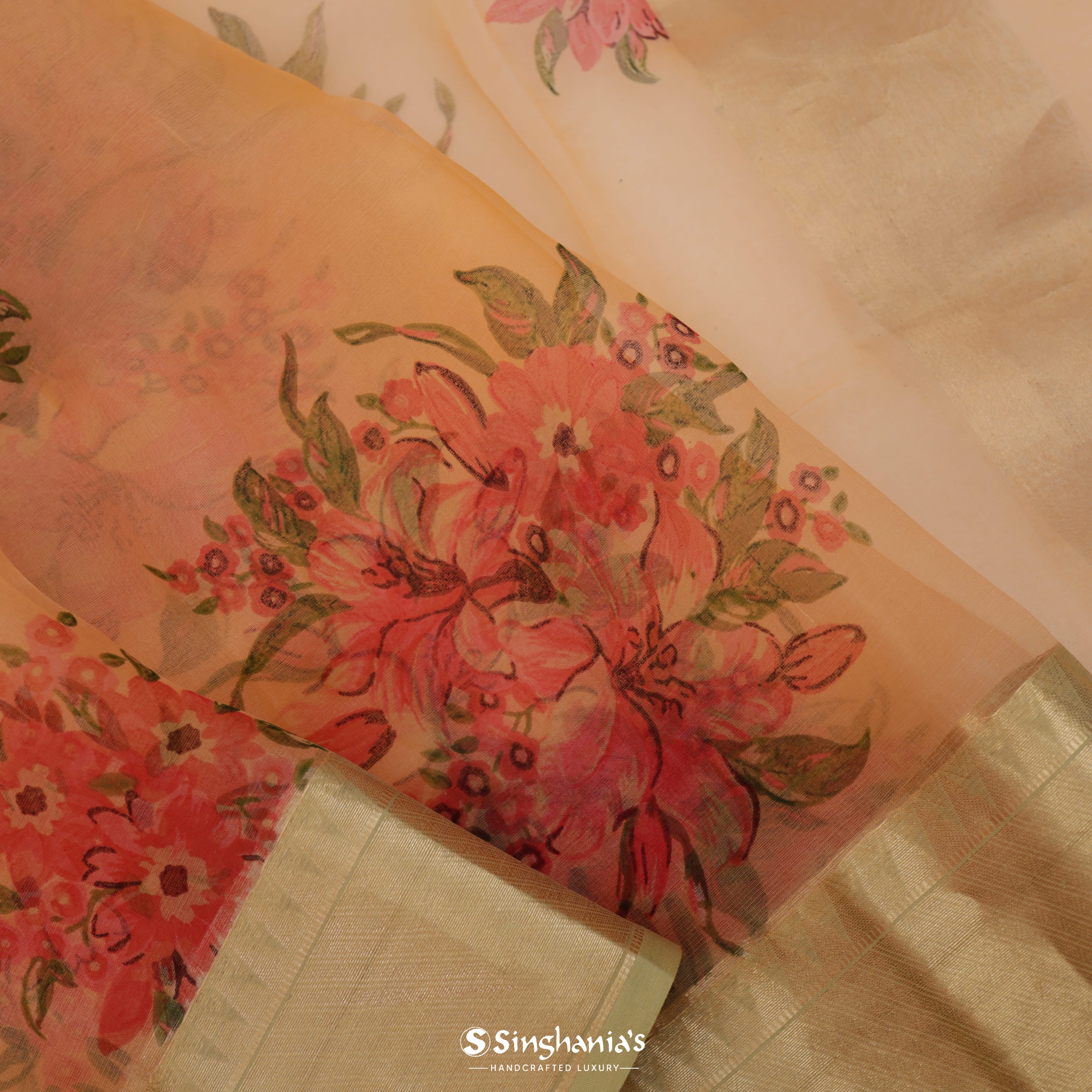 Light Orange Organza Printed Saree With Floral Pattern