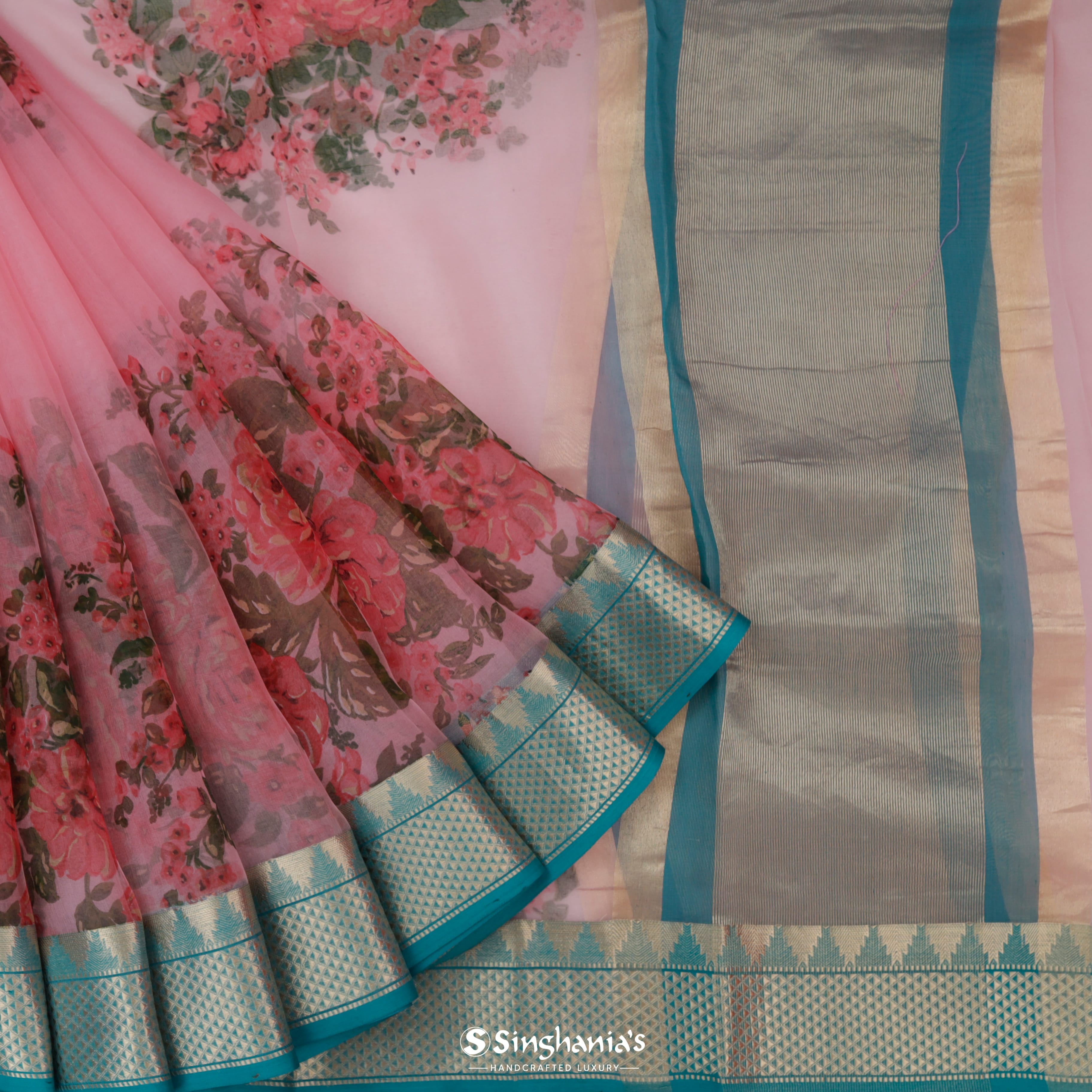 French Pink Organza Printed Saree With Floral Pattern