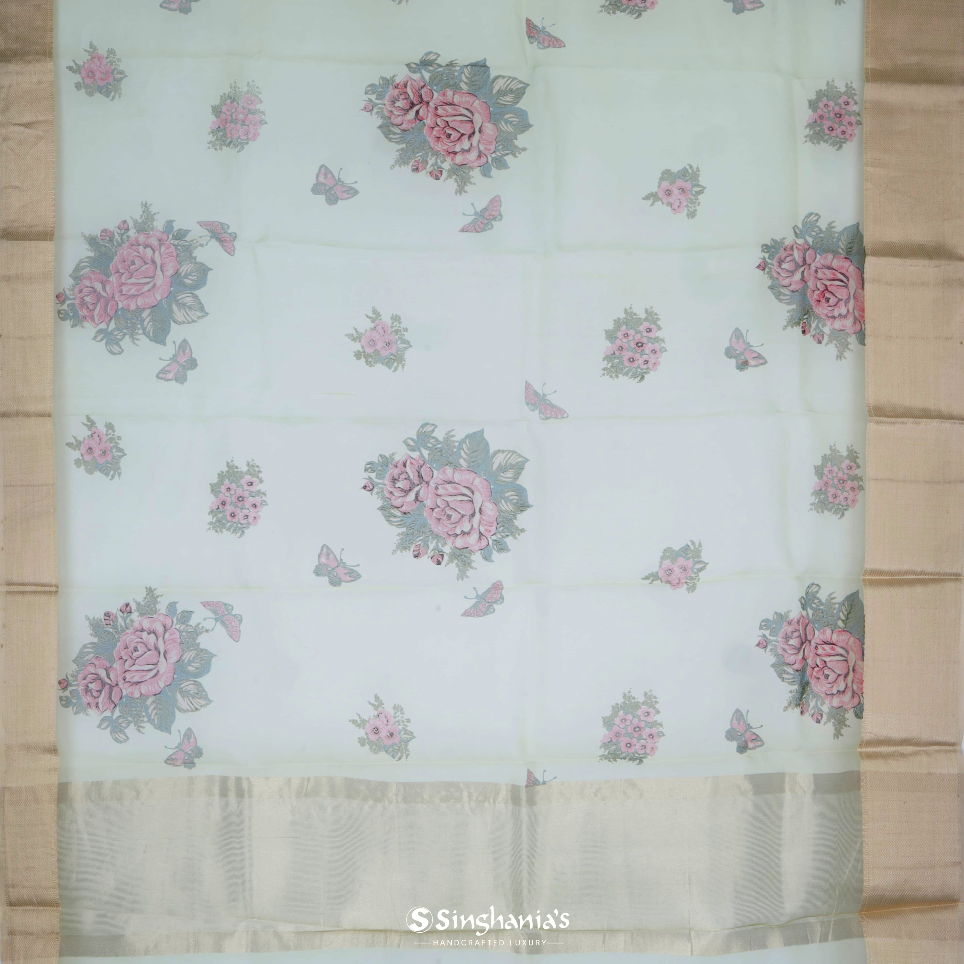 Pastel Pale Green Organza Printed Saree With Floral Pattern