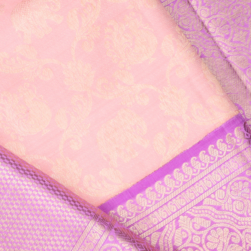 Salmon Pink Kanjivaram Silk Saree With Floral And Elephant Pattern