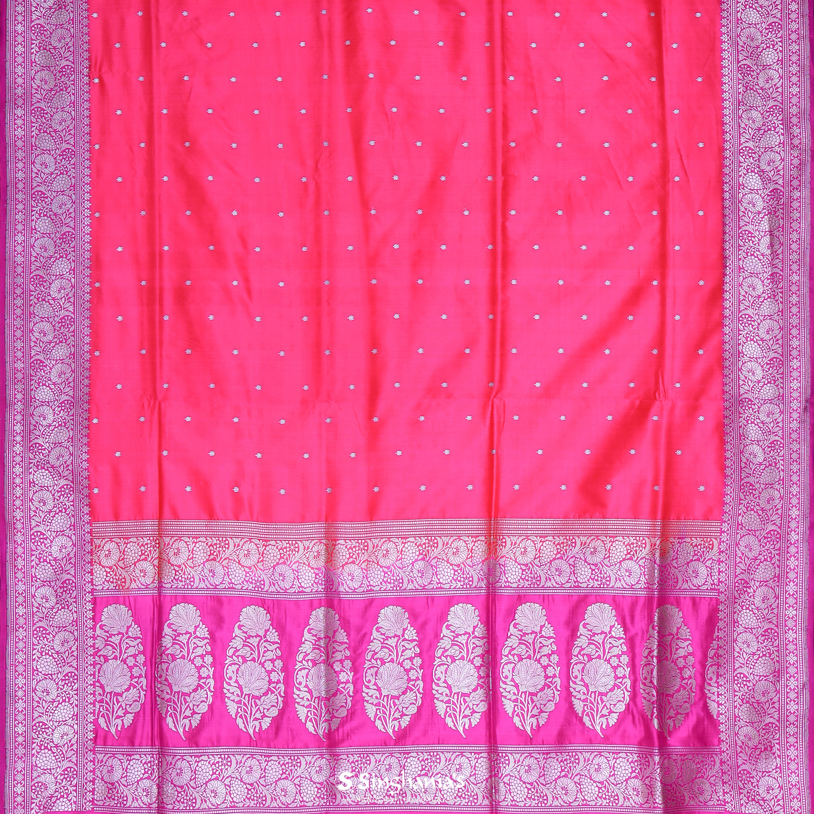 Neon Fuchsia Banarasi Silk Saree With Hand Embroidery
