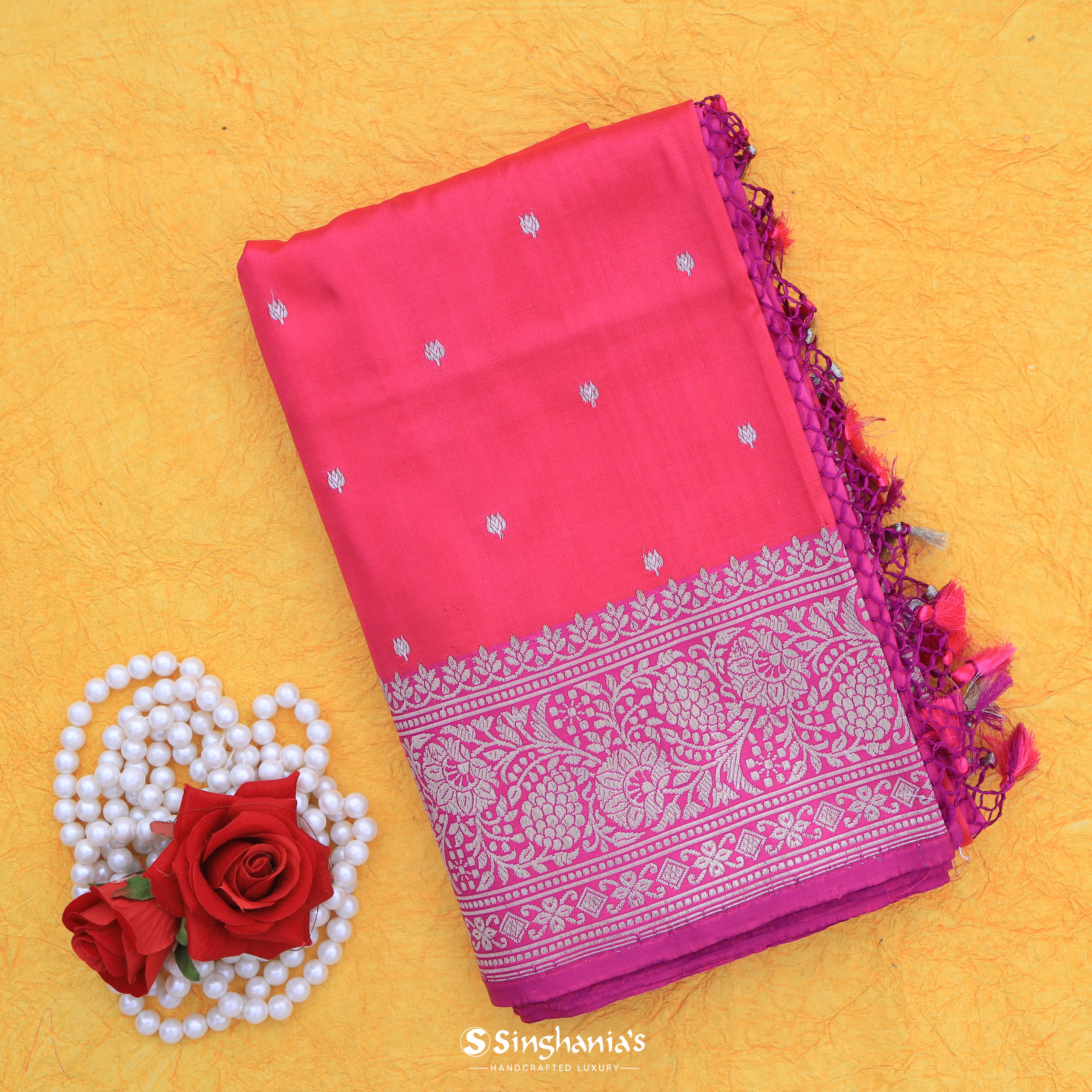 Neon Fuchsia Banarasi Silk Saree With Hand Embroidery