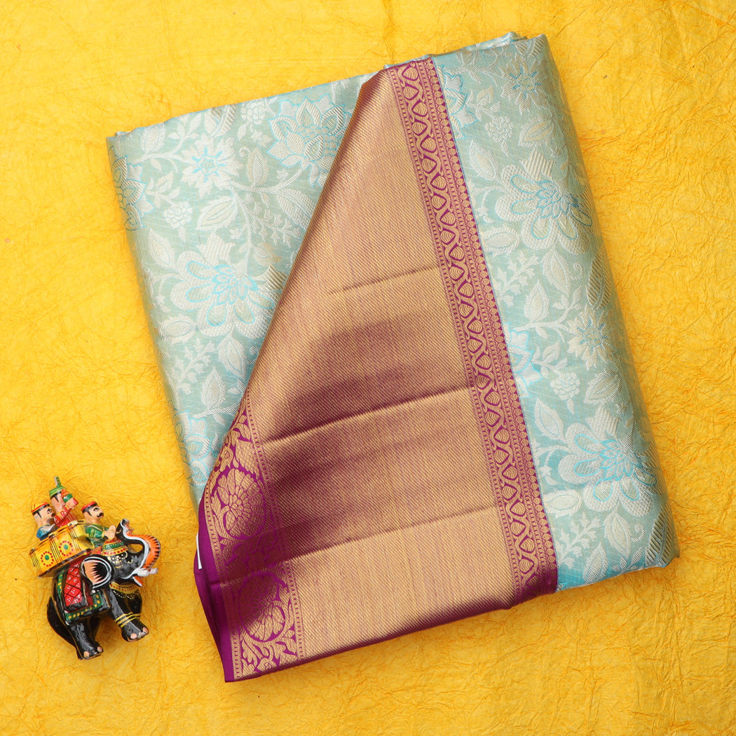 Blue Tissue Kanjivaram Silk Saree With Floral Pattern