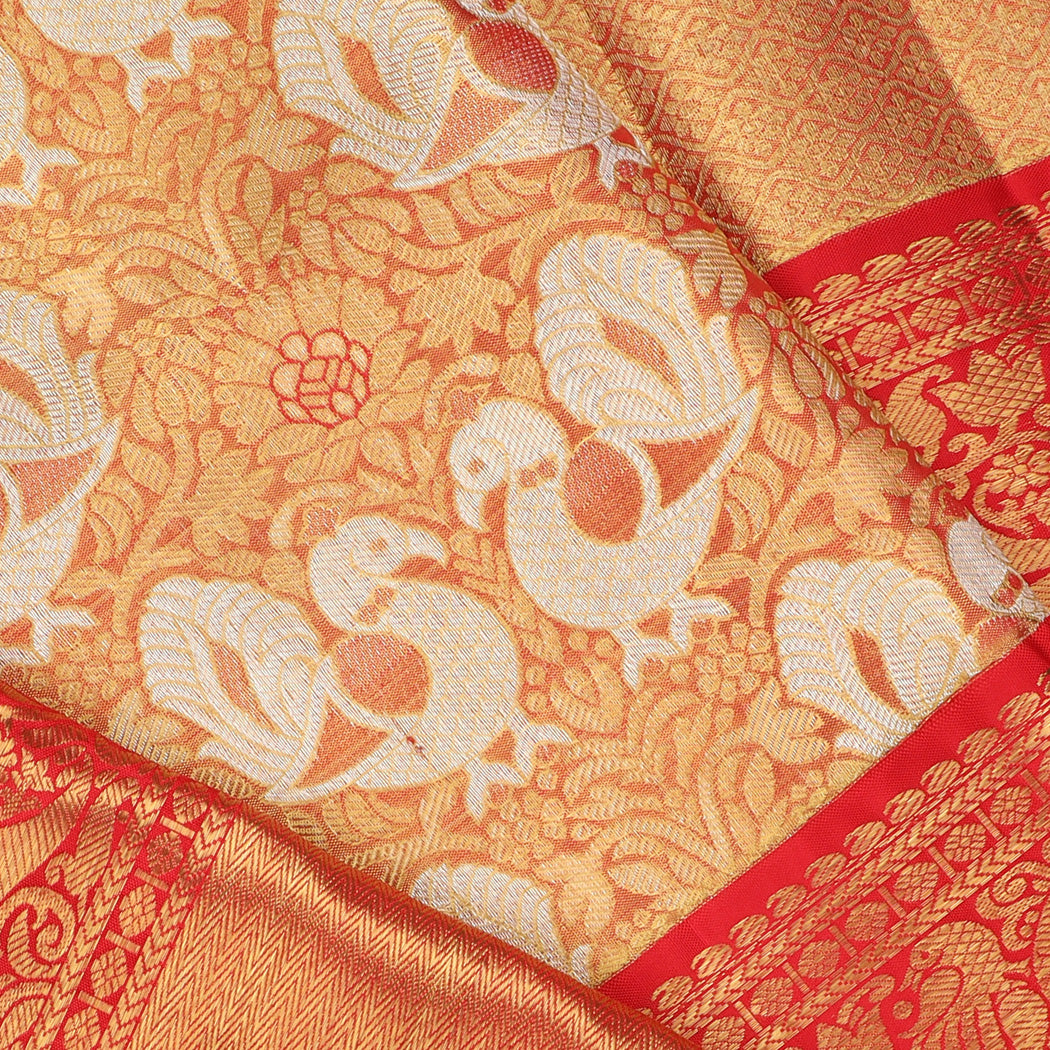 Coral Orange Kanjivaram Silk Saree With Peacock And Floral Motifs