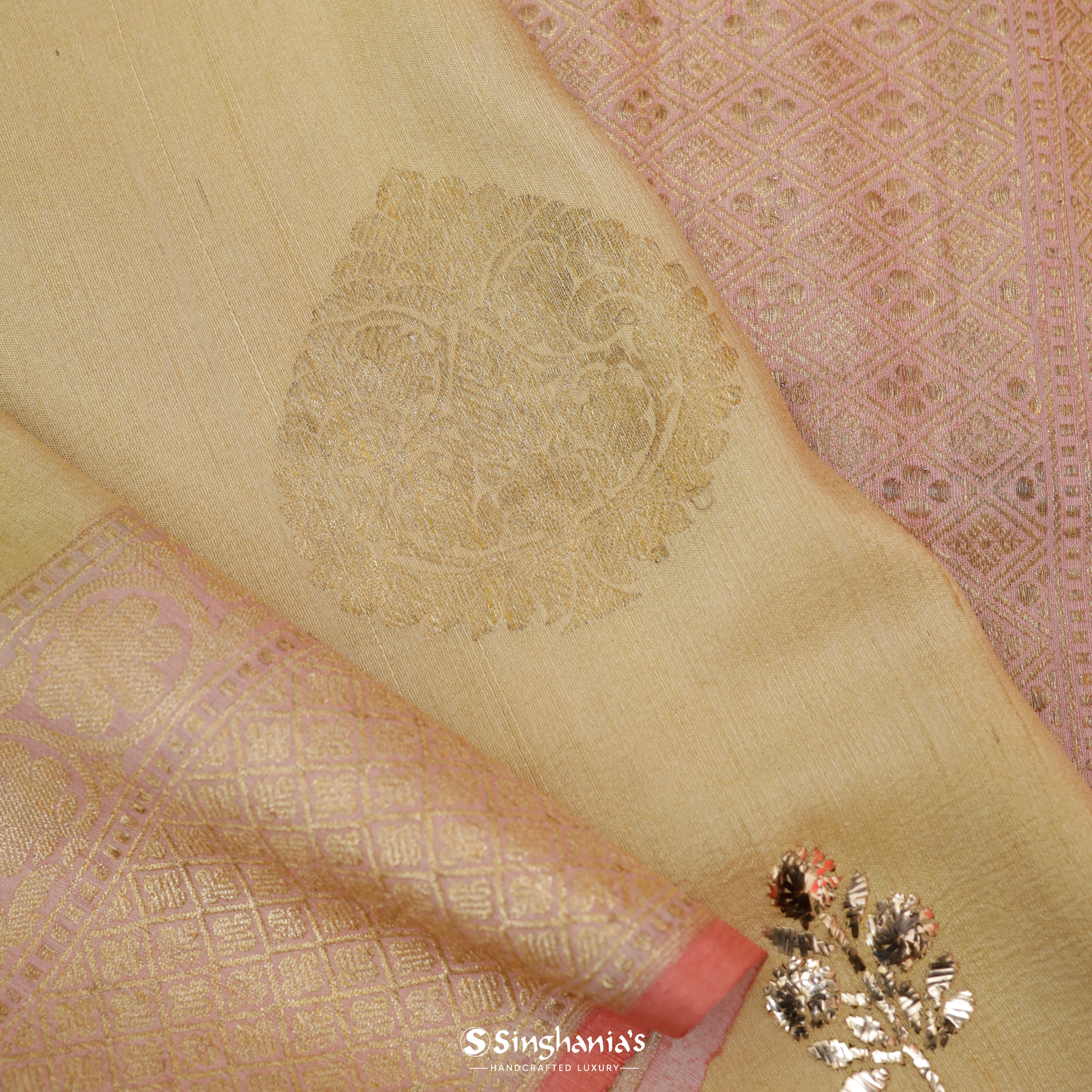 Mellow Yellow Tussar Banarasi Saree With Gota Patti Floral Embroidery