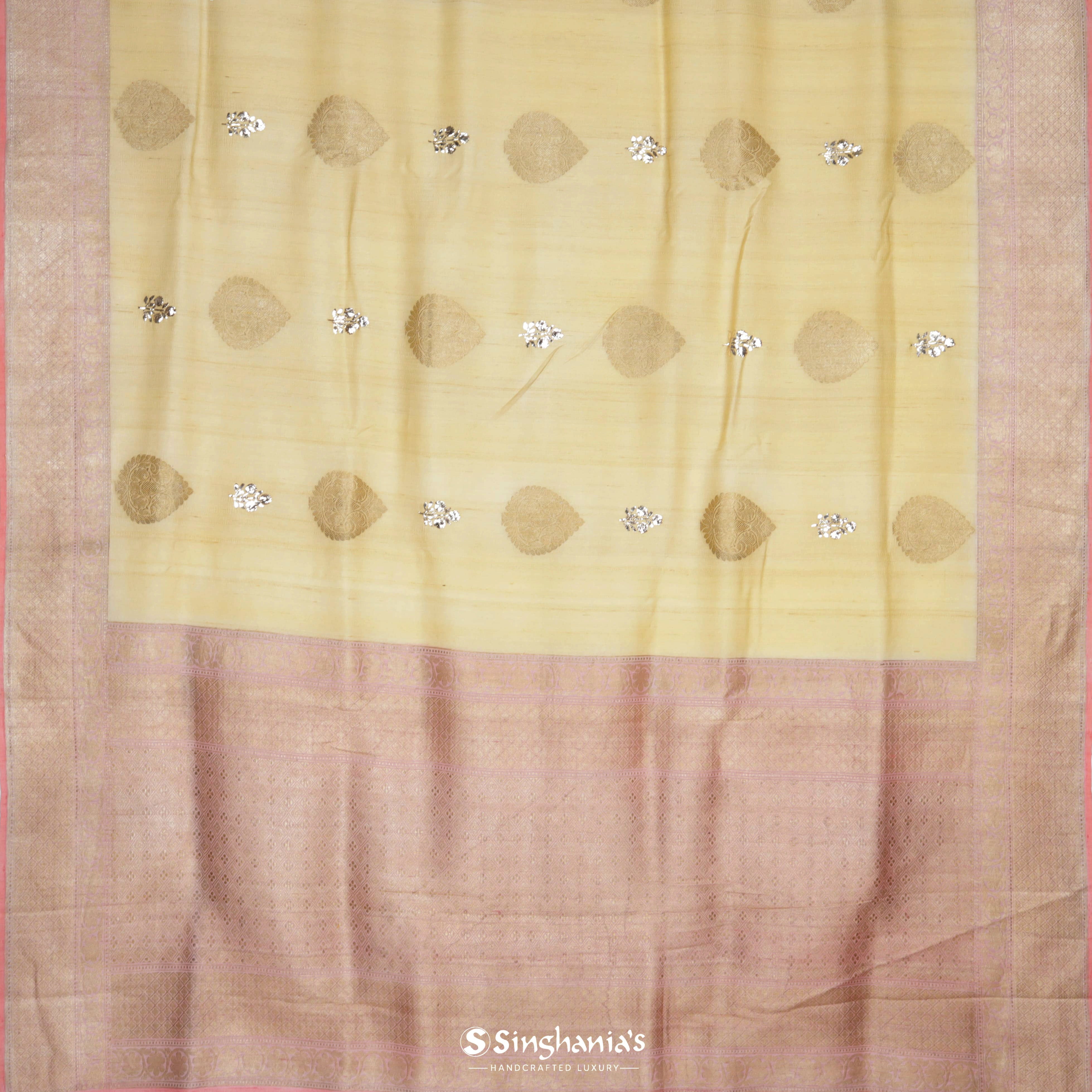 Mellow Yellow Tussar Banarasi Saree With Gota Patti Floral Embroidery