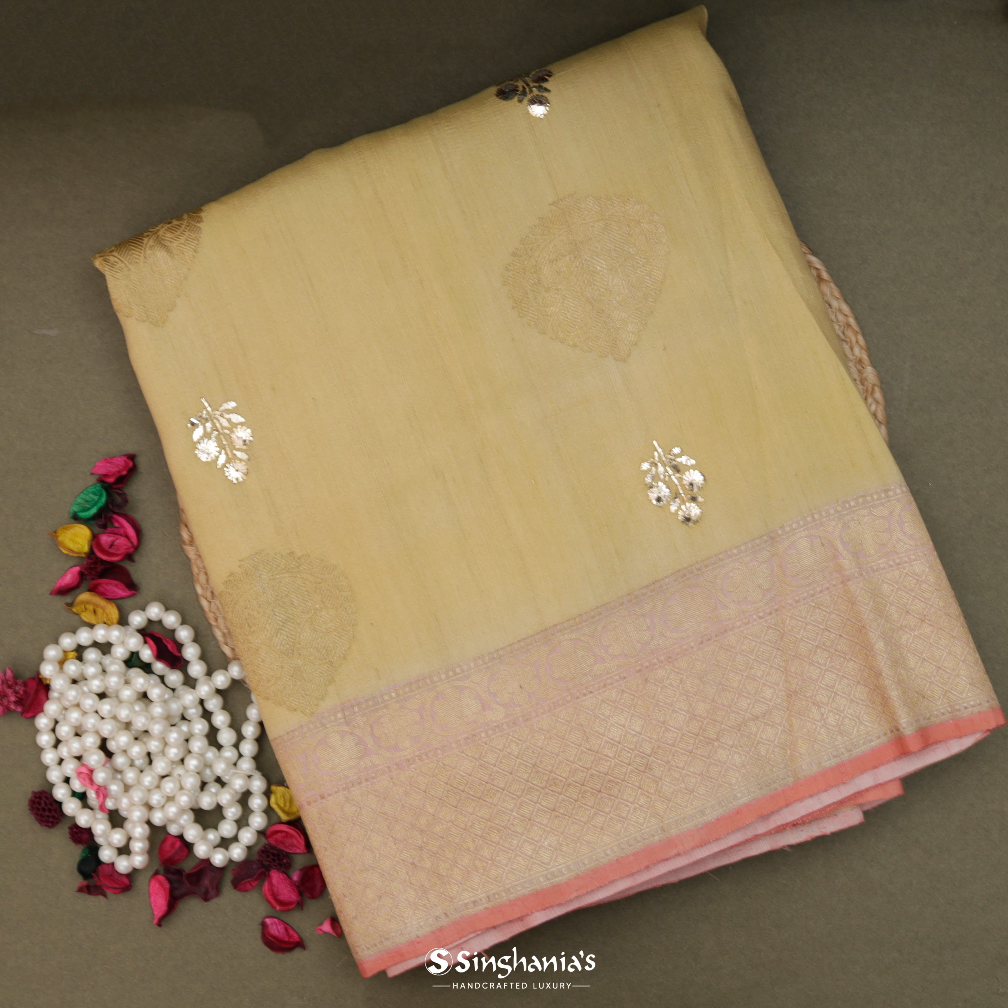 Mellow Yellow Tussar Banarasi Saree With Gota Patti Floral Embroidery