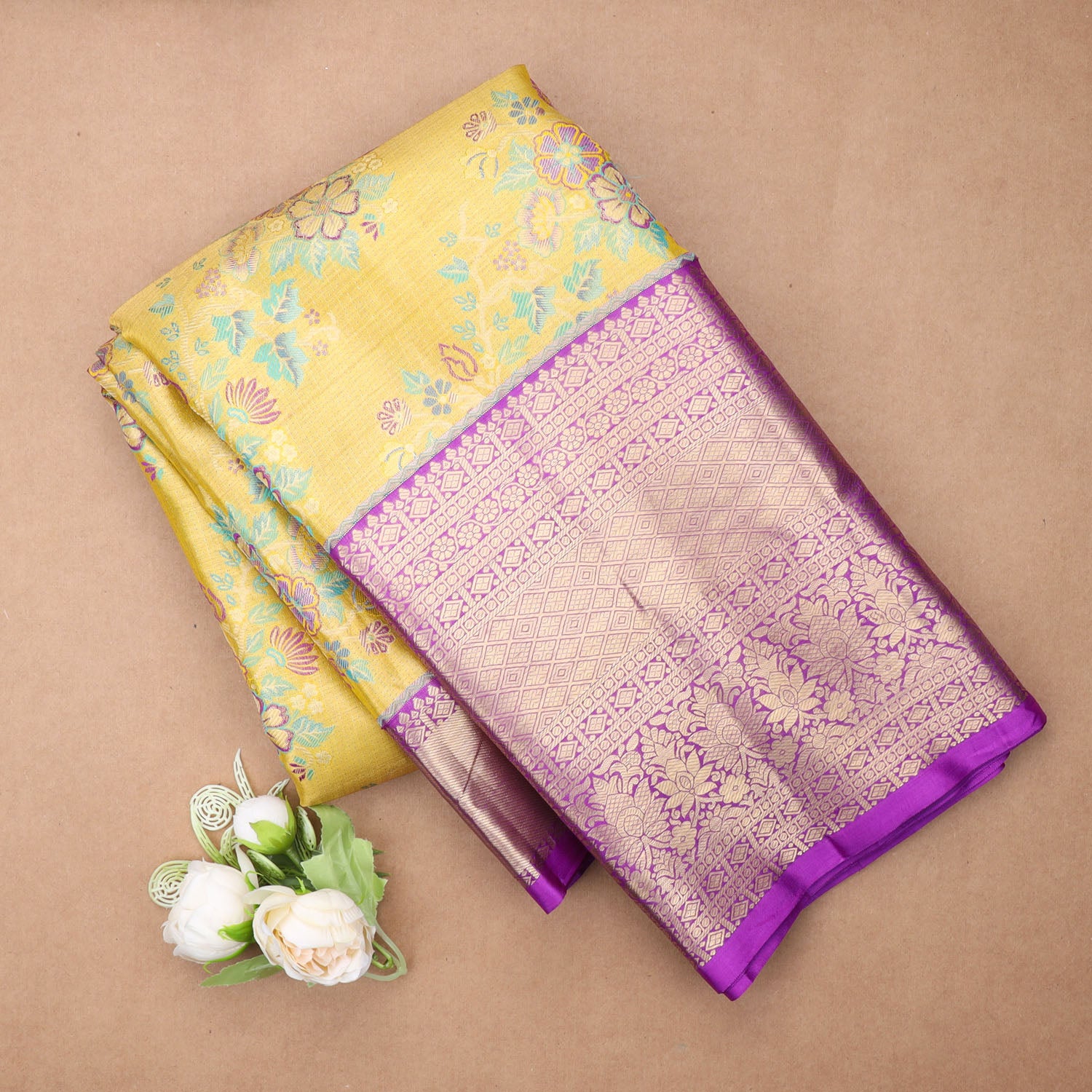 Golden Yellow Kanjeevaram Silk Saree With Floral Motif Pattern