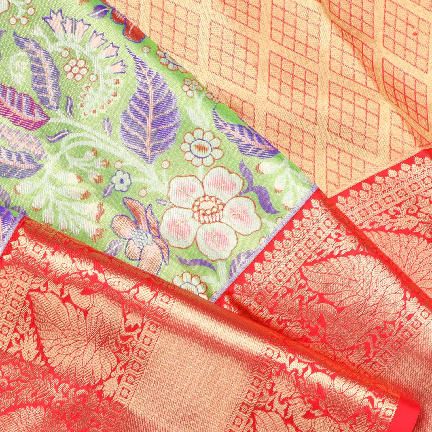 Light Green Tissue Kanjivaram Silk Saree With Floral Motifs Pattern