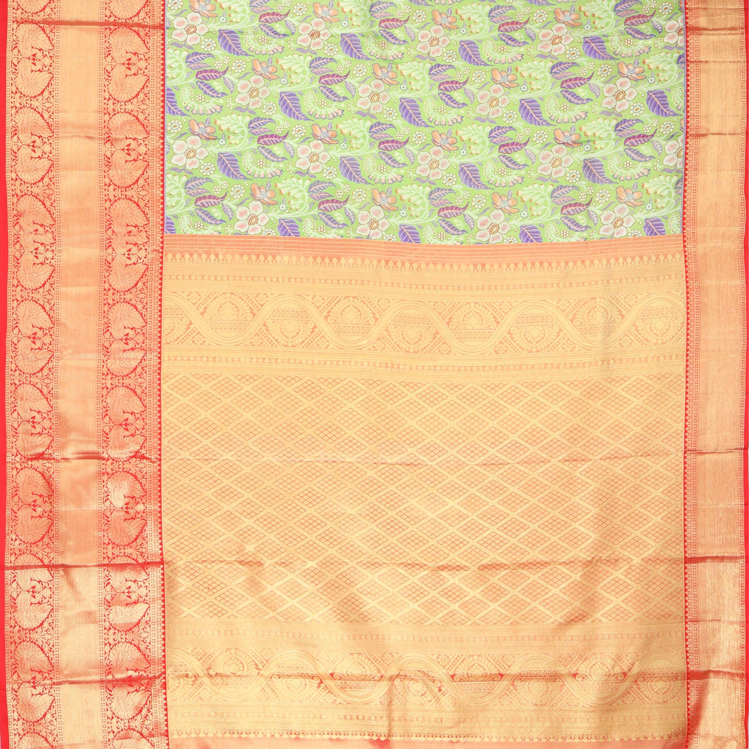 Light Green Tissue Kanjivaram Silk Saree With Floral Motifs Pattern