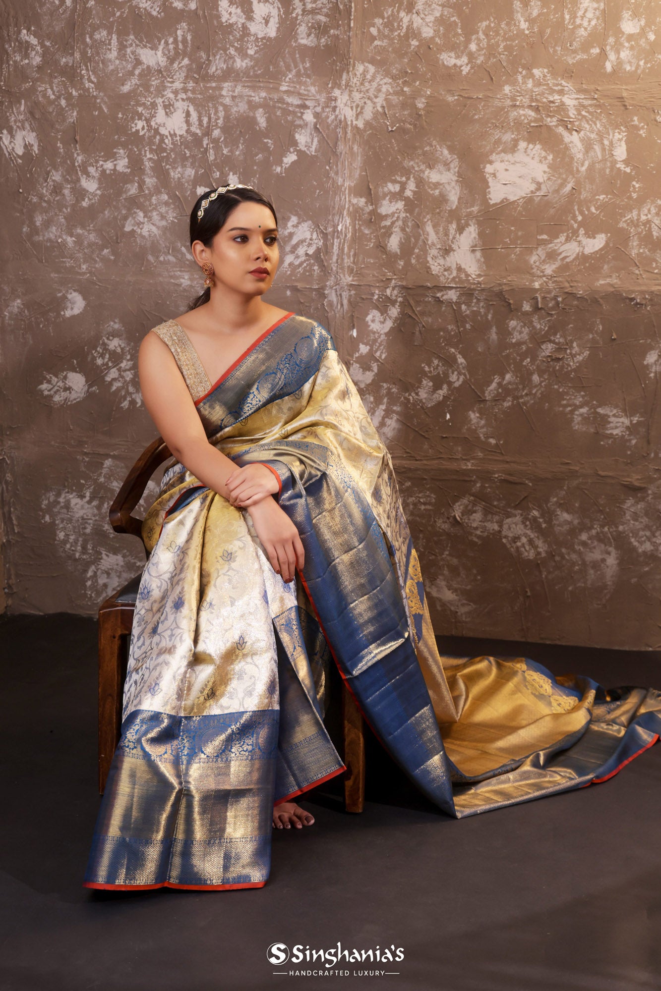 Parijat – Antique Gold Tissue Silk Saree with Running Unstitched Blouse –  Priyal Bhardwaj