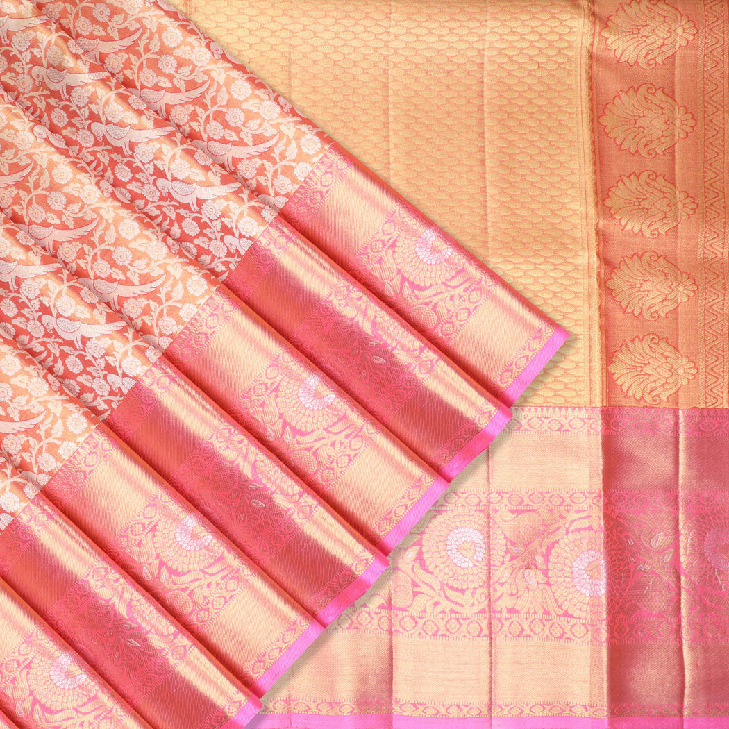 Orange Tissue Kanjivaram Silk Saree With Floral And Bird Motif Pattern