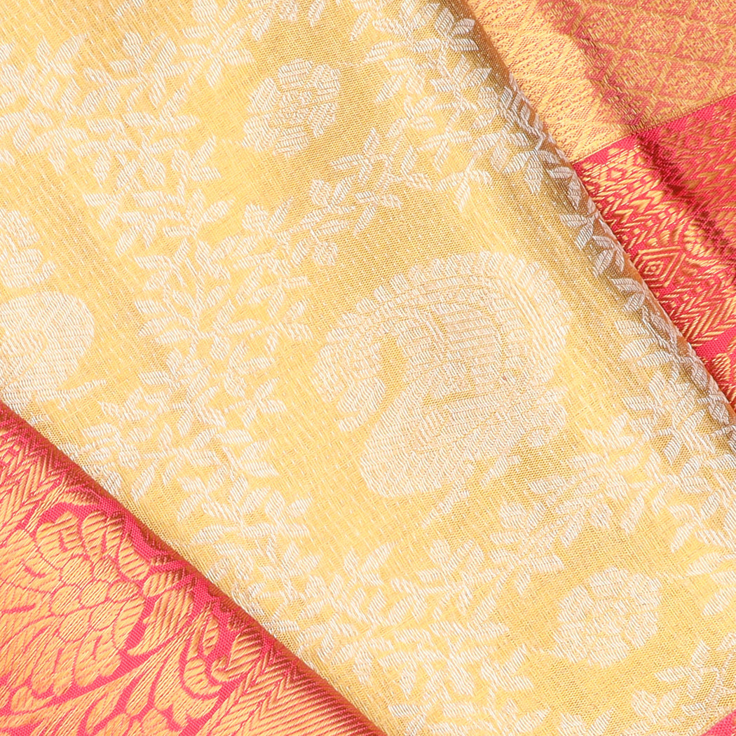 Golden Kanjivaram Silk Saree With Floral And Mayil Motifs