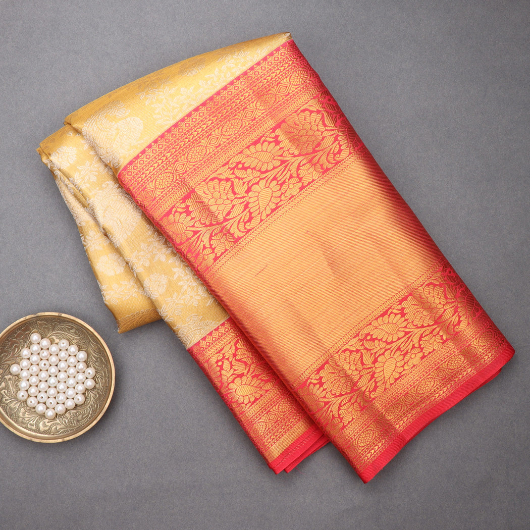 Golden Kanjivaram Silk Saree With Floral And Mayil Motifs