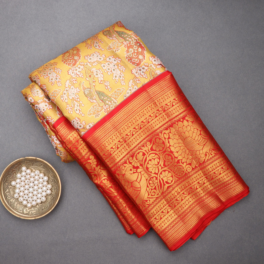 Gold Tissue Kanjivaram Silk Saree With Floral And Bird Pattern