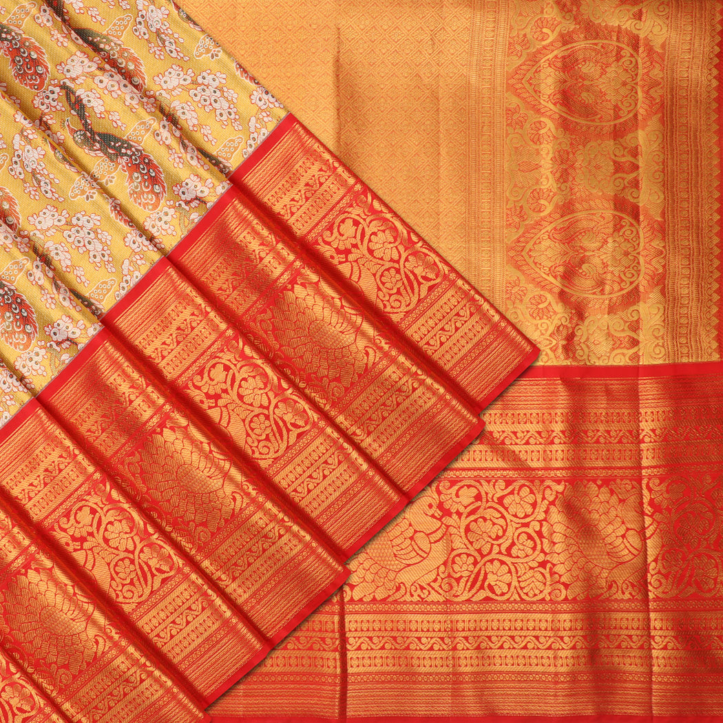 Gold Tissue Kanjivaram Silk Saree With Floral And Bird Pattern
