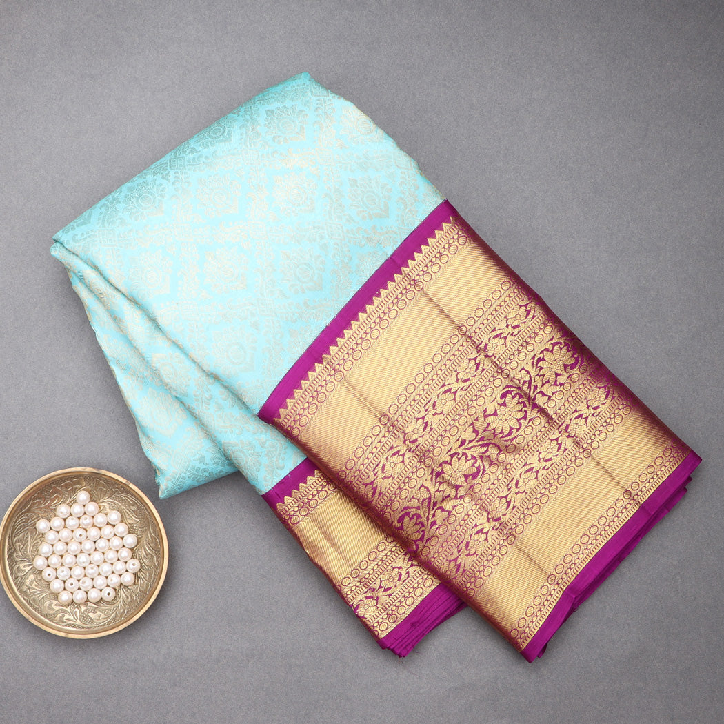Blue Kanjivaram Silk Saree With Floral Pattern