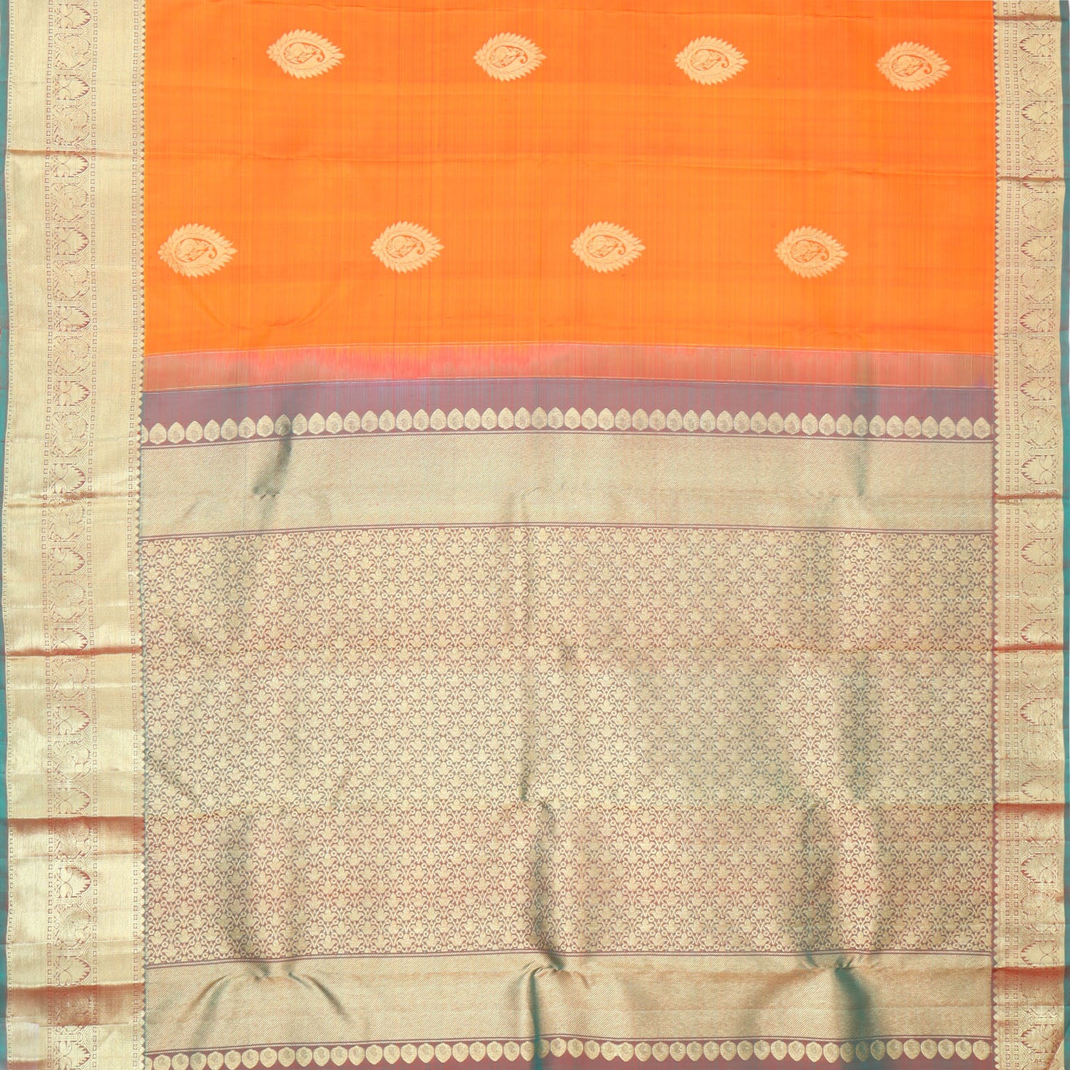 Bright Orange Kanjivaram Silk Saree With Floral Paisley Motifs