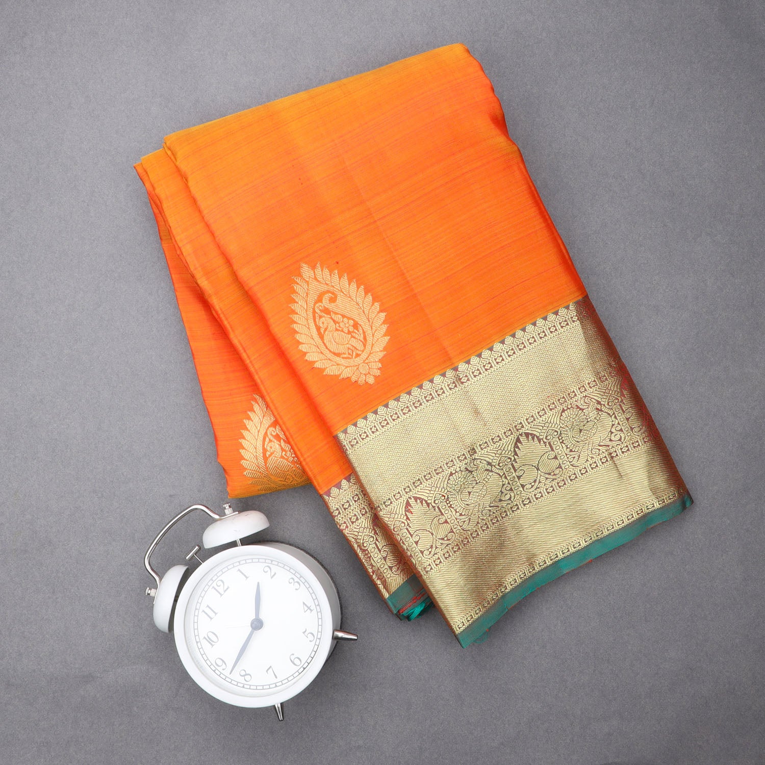 Bright Orange Kanjivaram Silk Saree With Floral Paisley Motifs