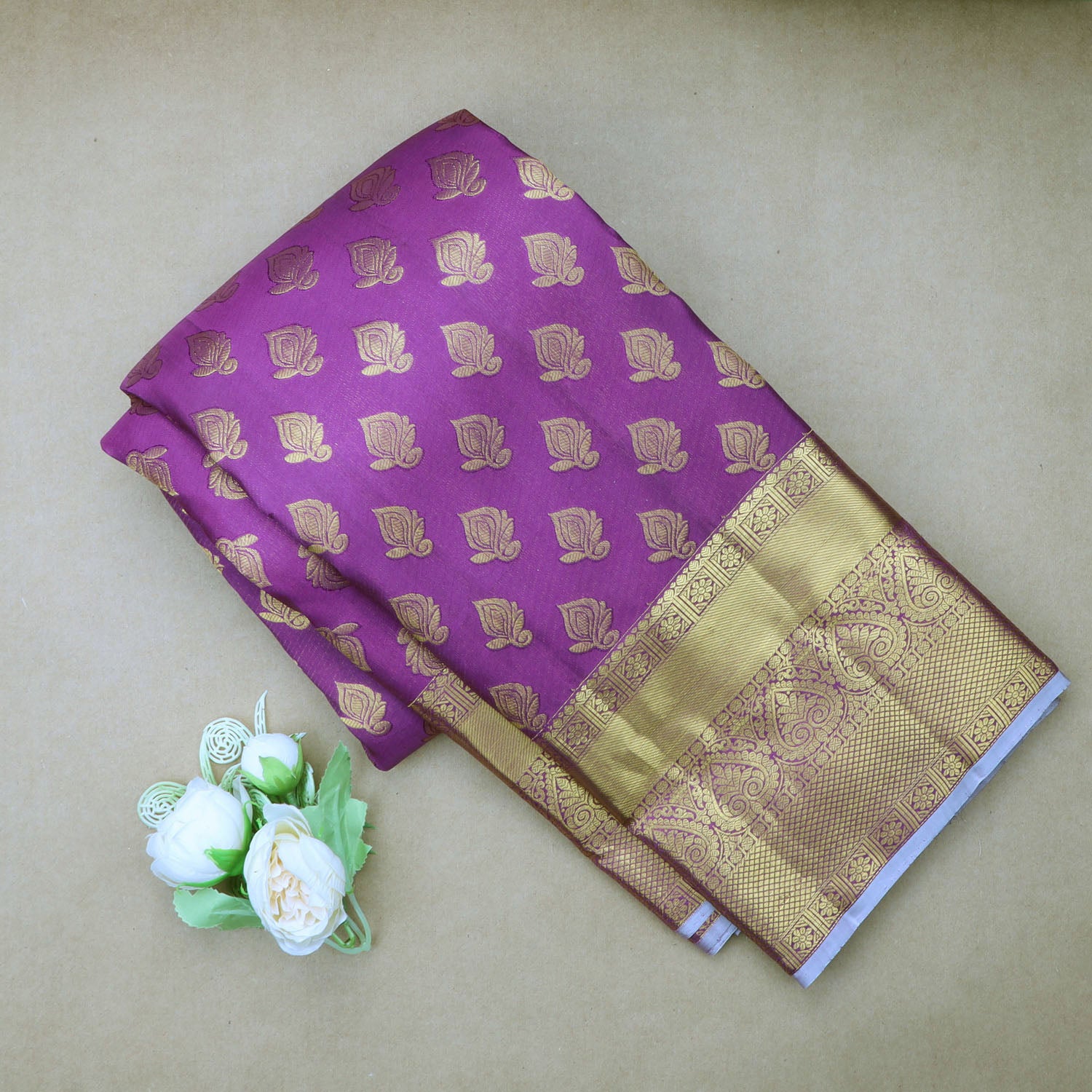Violet Kanjivaram Silk Saree With Floral Buttis