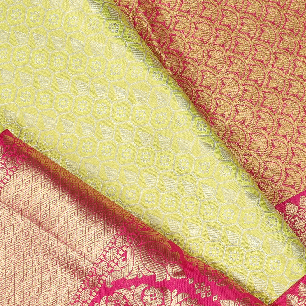 lemon yellow silk saree with pink border