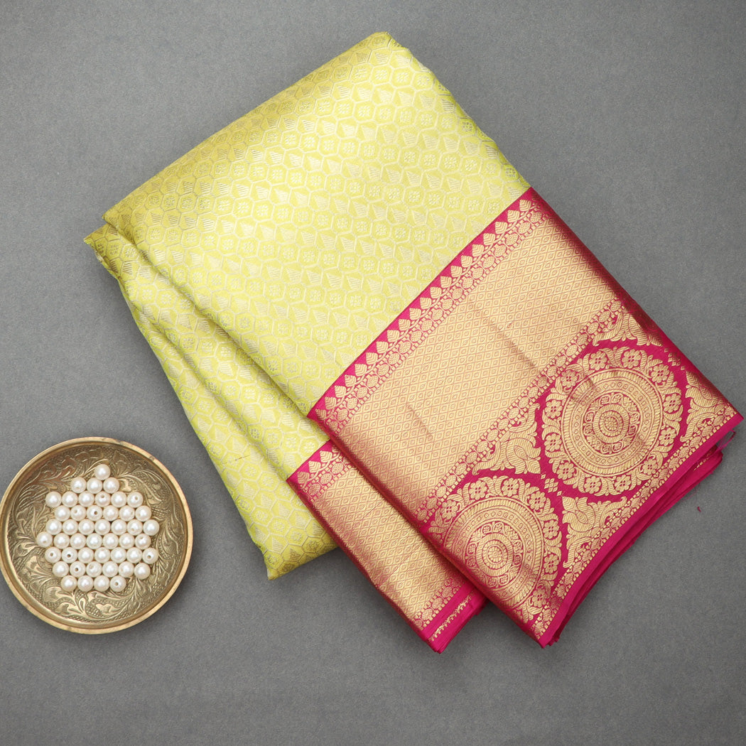 Lemon Yellow Kanjivaram Silk Saree With Hive Pattern