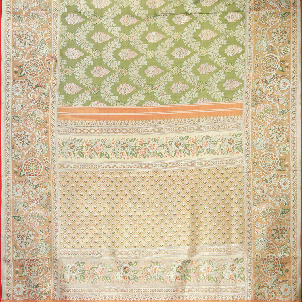 Olive Green Tissue Kanjivaram Silk Saree With Birds And Floral Jaal Design