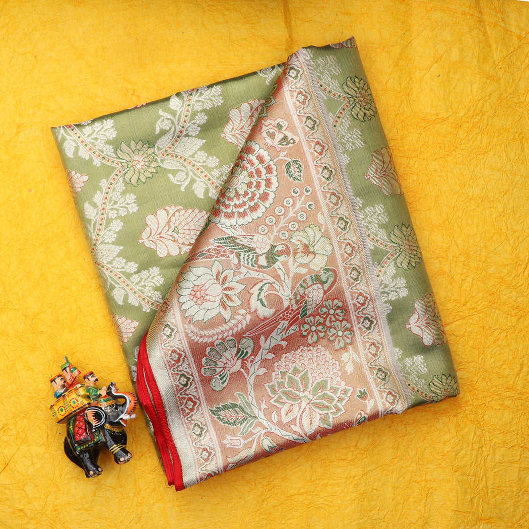 Olive Green Tissue Kanjivaram Silk Saree With Birds And Floral Jaal Design