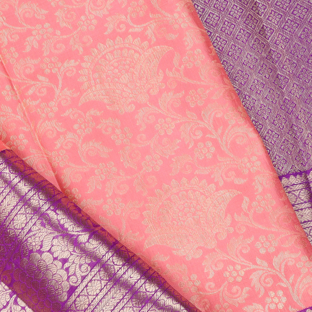 Coral Pink Kanjivaram Silk Saree With Floral Pattern