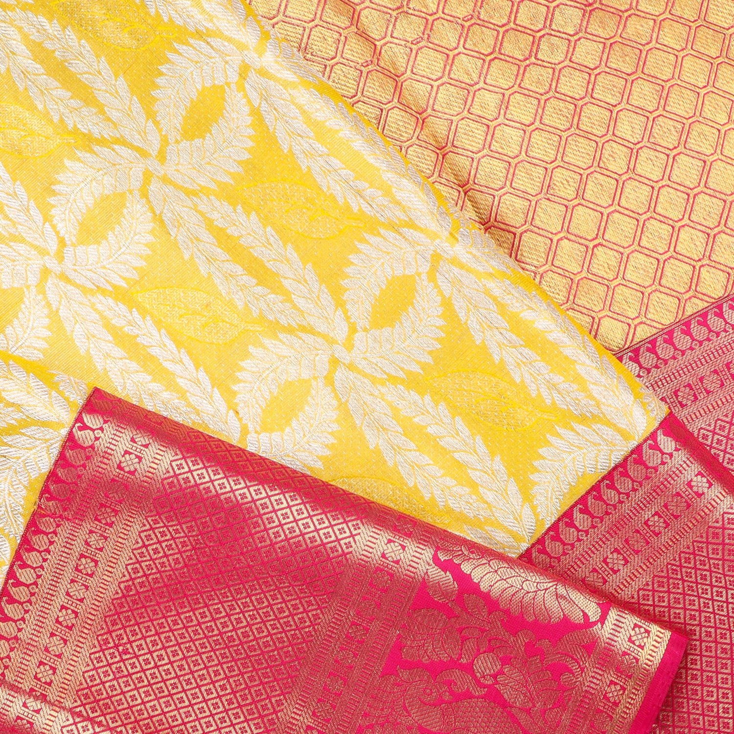 Bright Yellow Kanjivaram Silk Saree With Floral Pattern