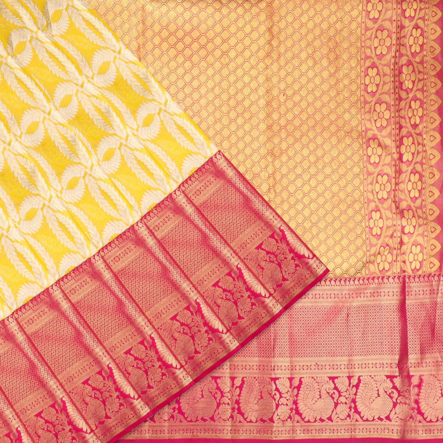 Bright Yellow Kanjivaram Silk Saree With Floral Pattern