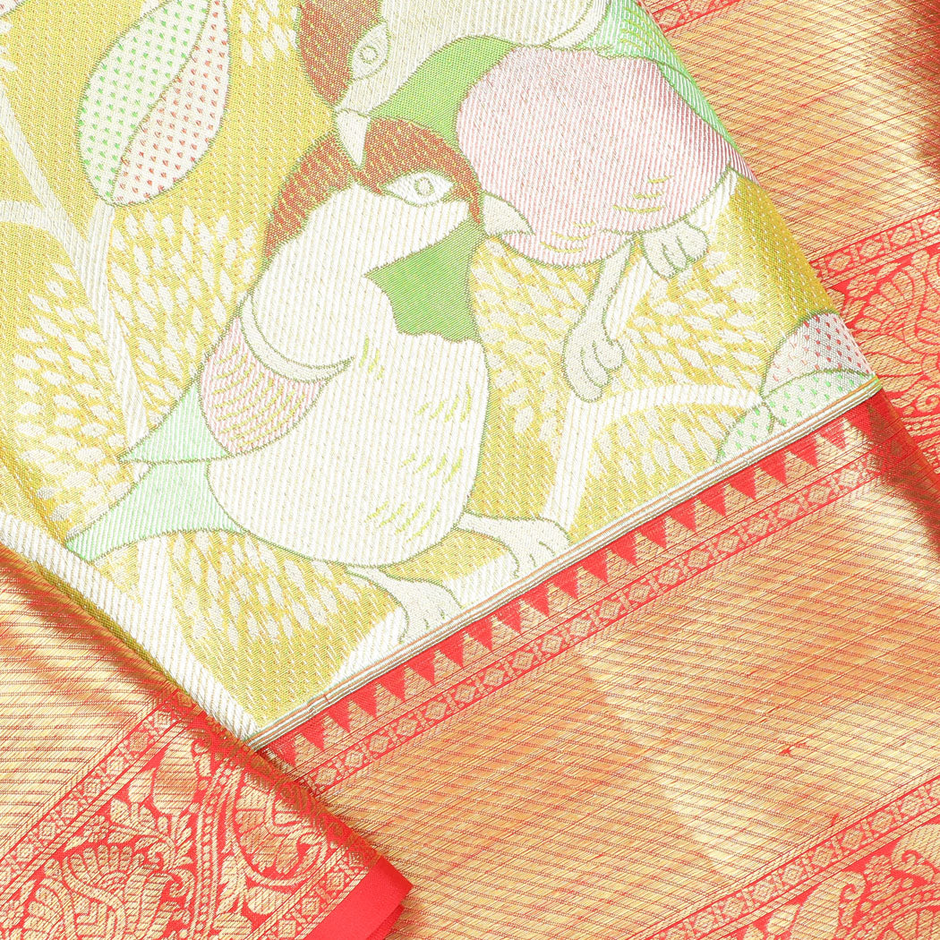 Gold Tissue Kanjivaram Silk Saree With Floral And Bird Motifs