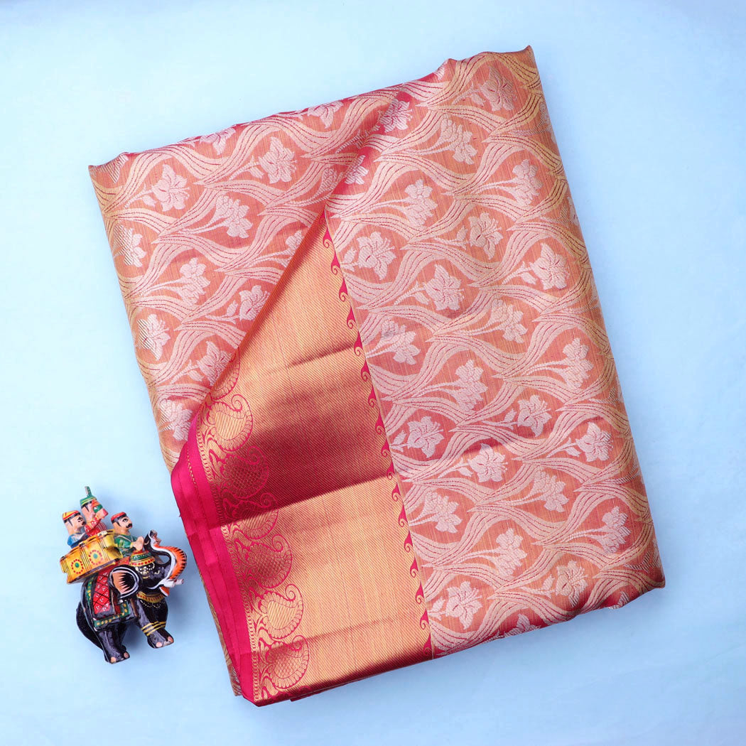 Pink Kanjivaram Silk Saree With Floral Motif Pattern