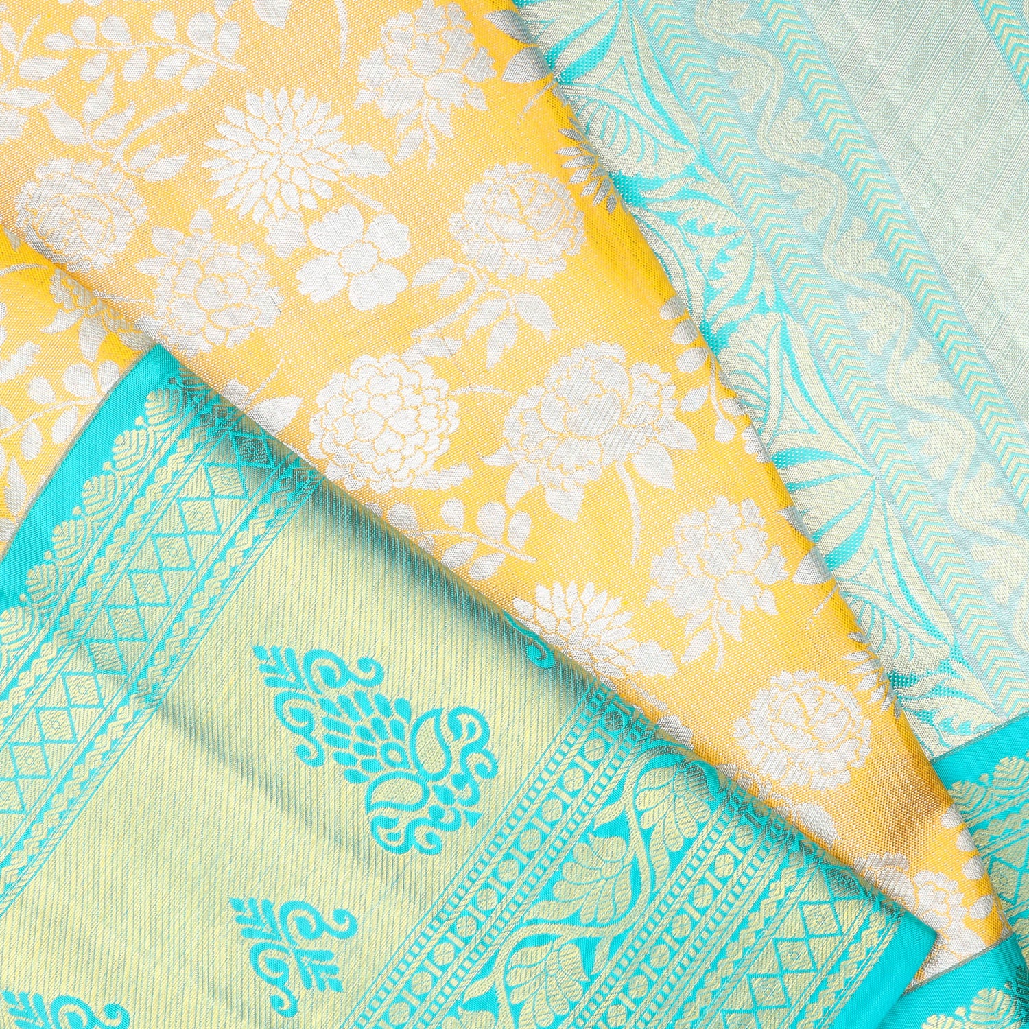 Bright Yellow Kanjivaram Silk Saree With Floral Motif Pattern