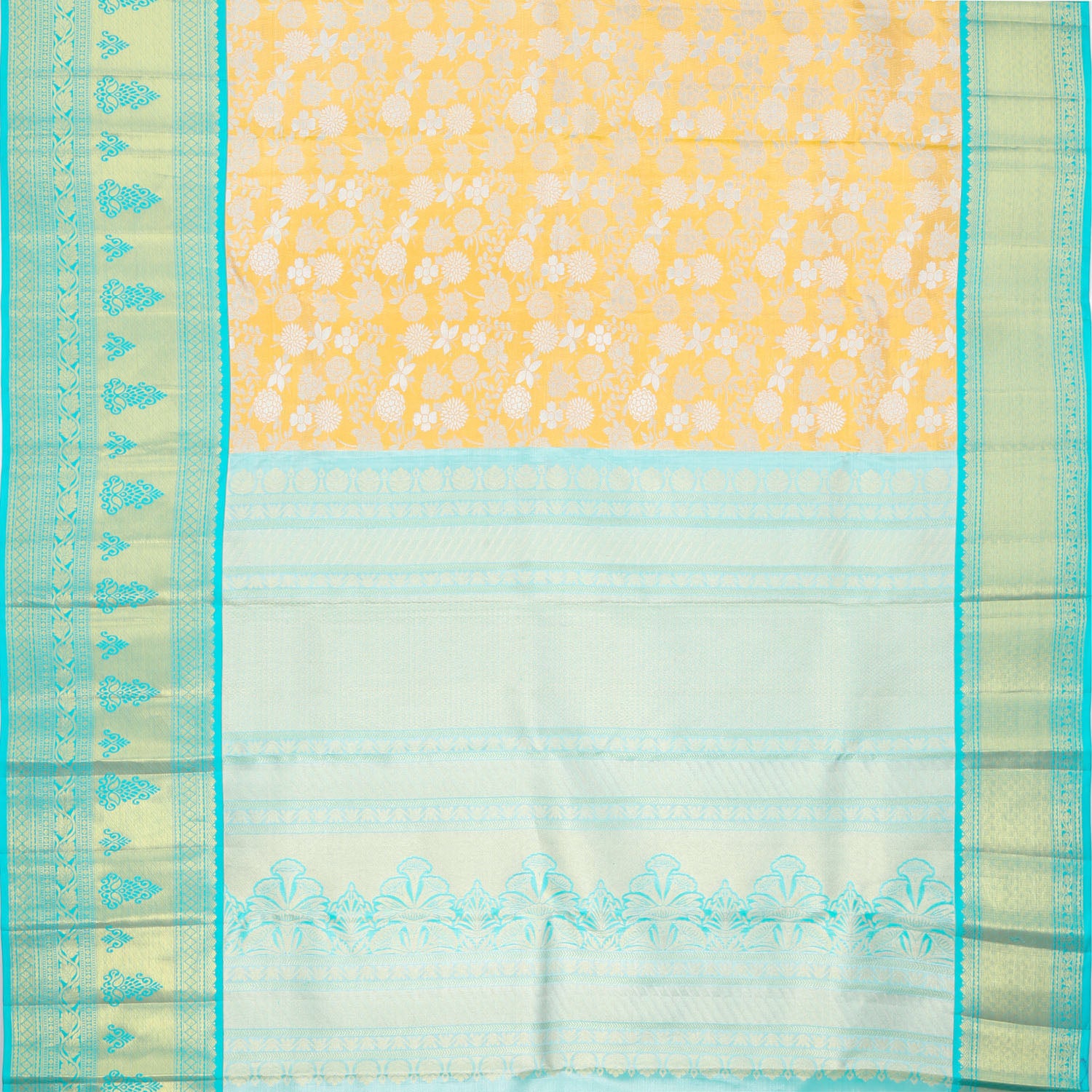 Bright Yellow Kanjivaram Silk Saree With Floral Motif Pattern