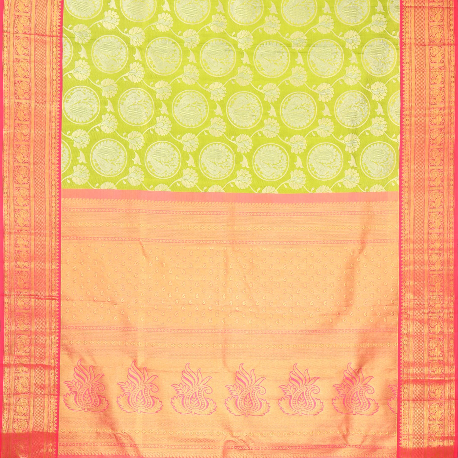 Green Kanjivaram Silk Saree With Floral And Bird Motif Pattern