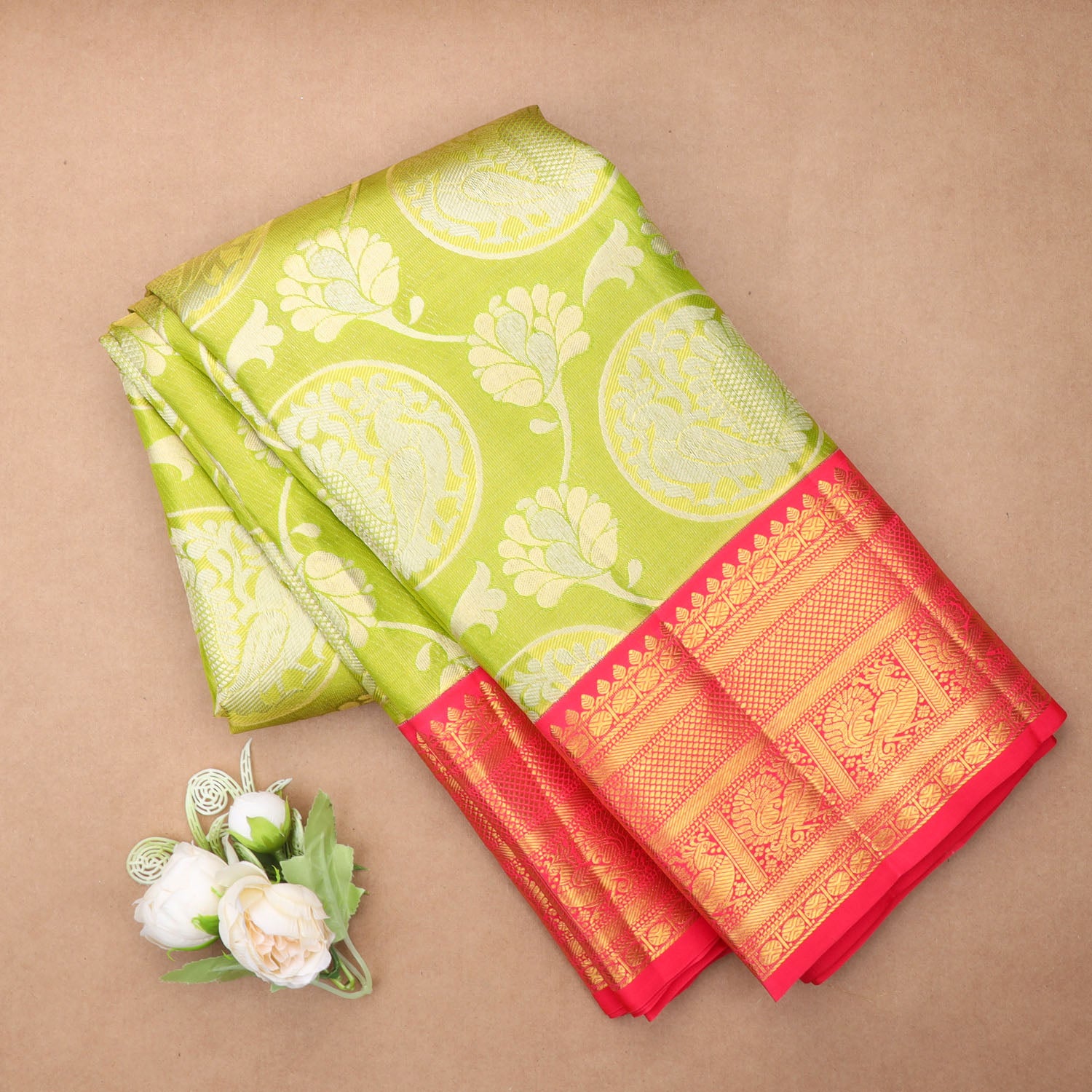 Green Kanjivaram Silk Saree With Floral And Bird Motif Pattern