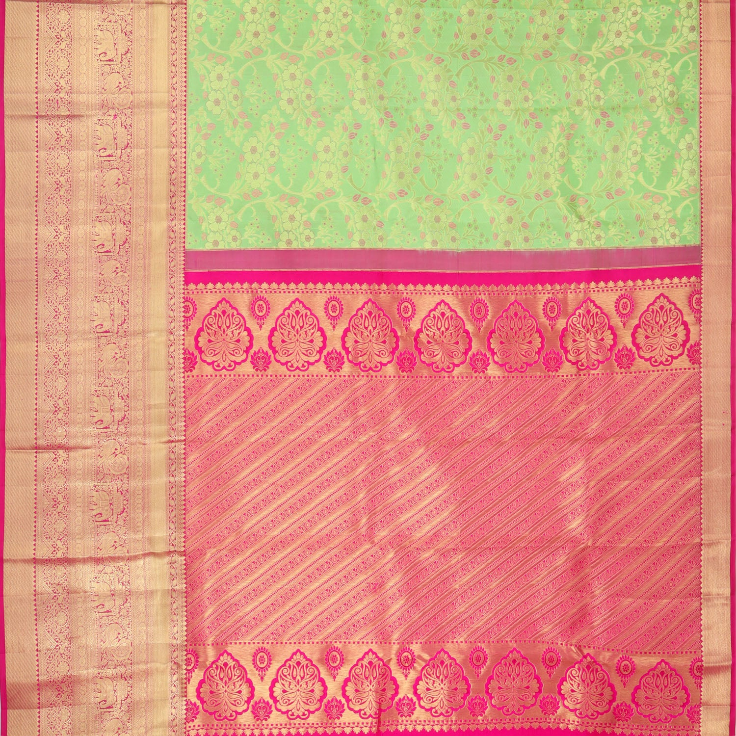Light Green Kanjivaram Silk Saree With Floral Motif Pattern