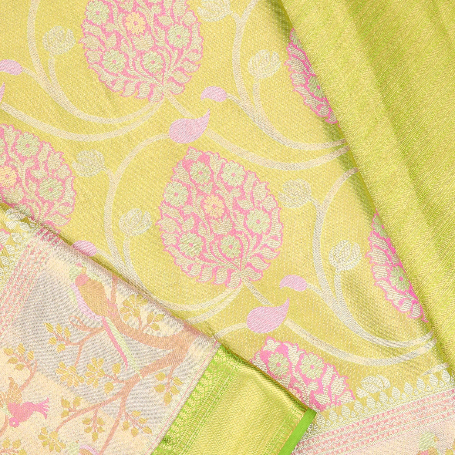 Lime Green Tissue Kanjivaram Silk Saree With Floral Motif Pattern