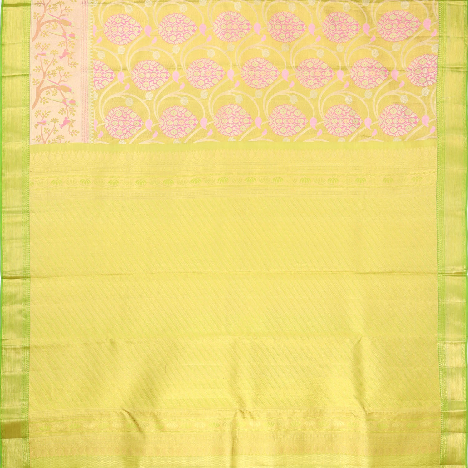Lime Green Tissue Kanjivaram Silk Saree With Floral Motif Pattern