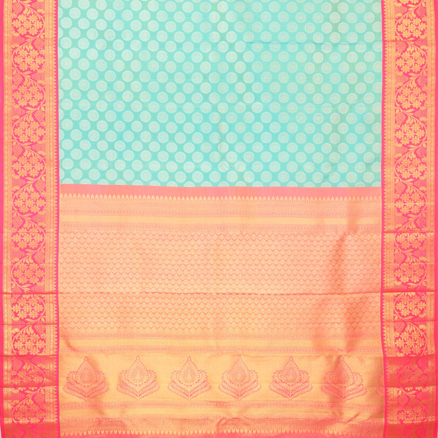 Bright Blue Kanjivaram Silk Saree With Floral Chakra Motifs